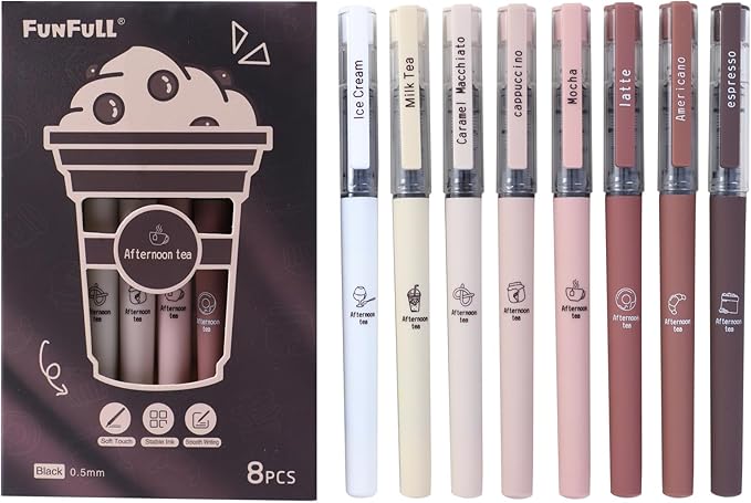 FUNFULL Aesthetic Cute Stick Rollerball Pens, 0.5mm Fine Point Coffee Gel Pens - Image 2