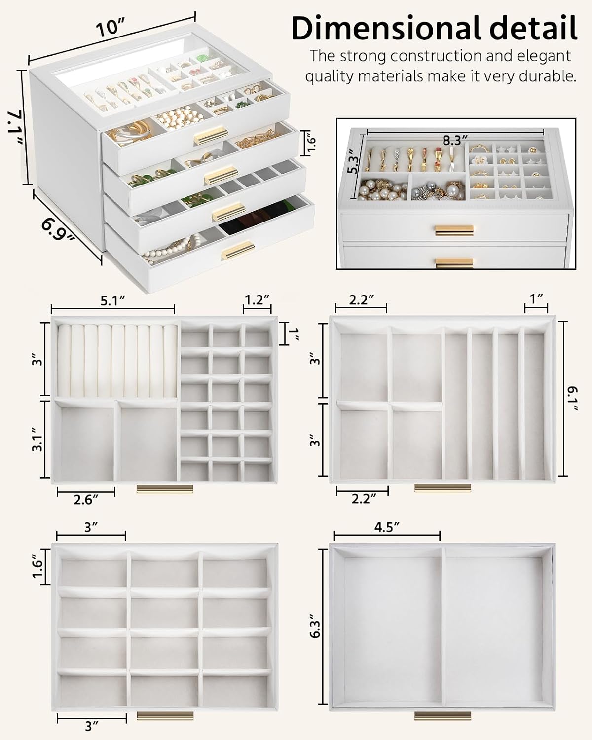 AKOZLIN Jewelry Box Organizer with Clear Lid 4 Drawers White