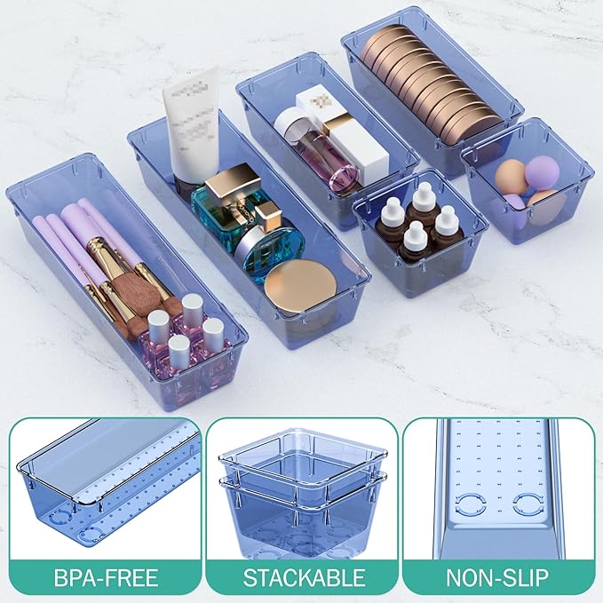 WOWBOX 6 Pack Clear Drawer Organizer Set, Acrylic Drawer Storage Trays - Image 3