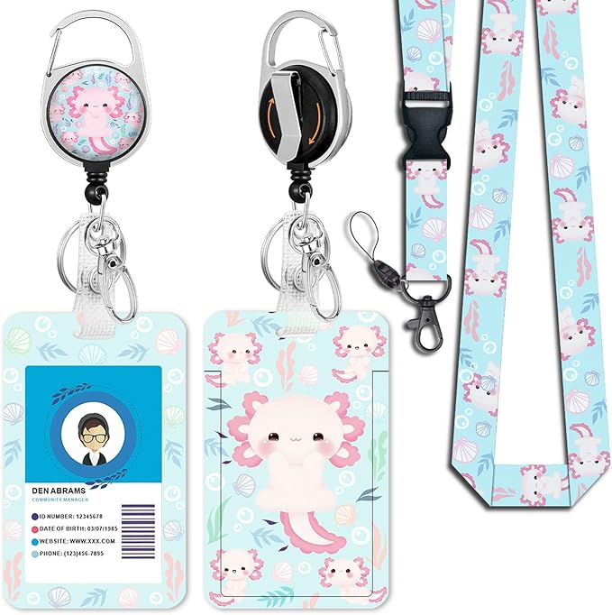 Cute Axolotls Lanyards for Id Badges, Retractable ID Badge Holder by Giancomics