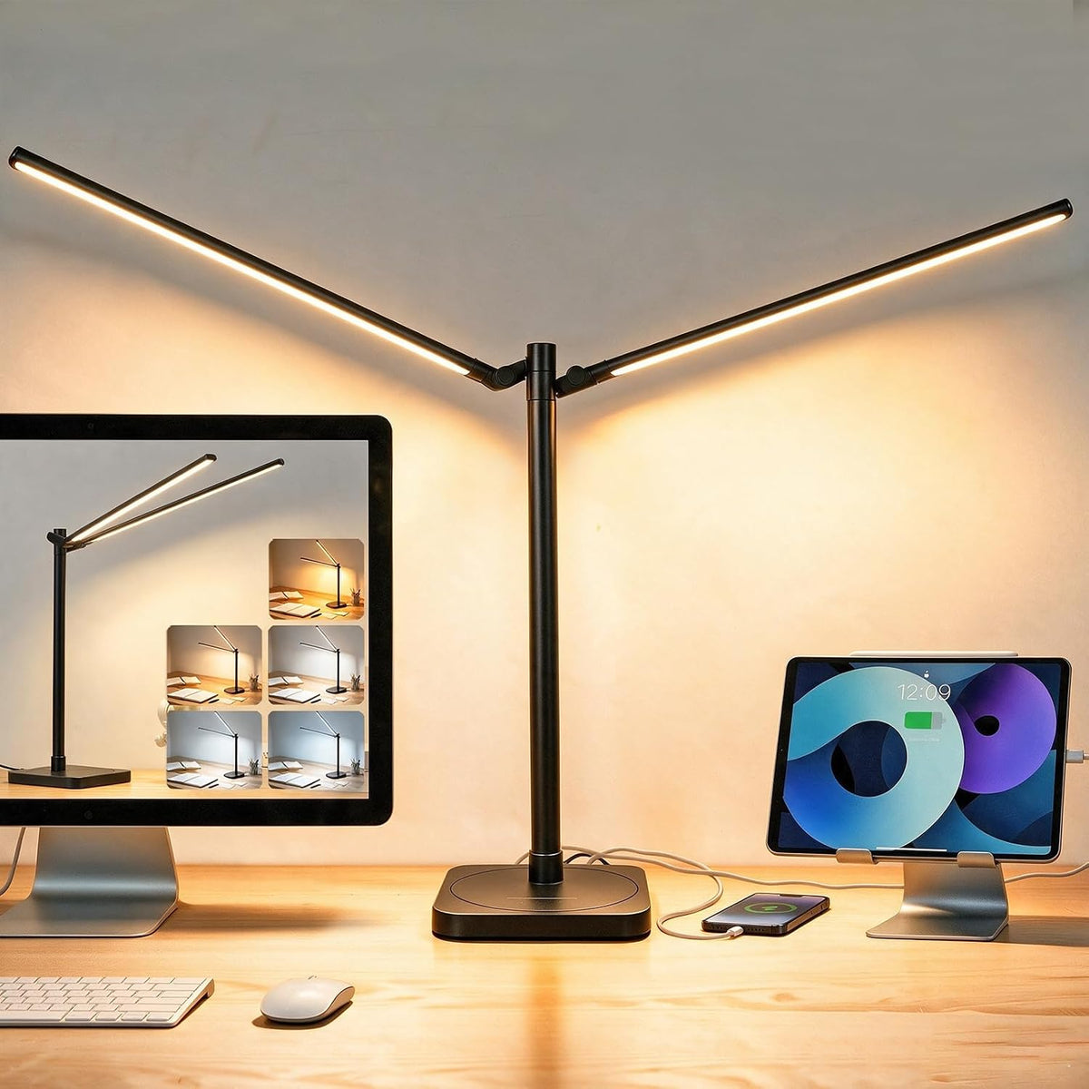BOHON Desk Lamp for Home Office Dual Head 24W Swing Arm Task Lamp Black
