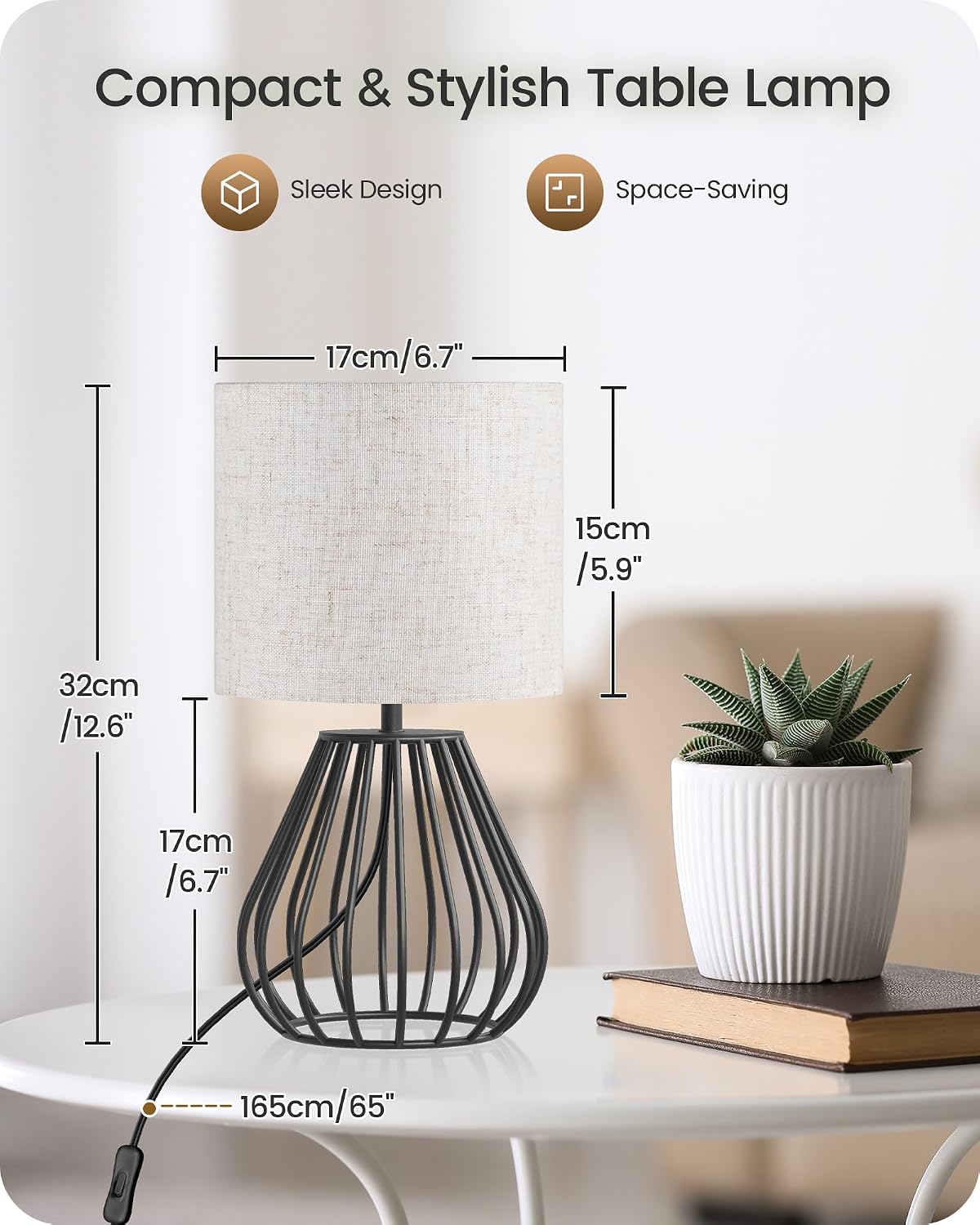 Small Bedside Table Lamp, Black Table Lamp with Metal Cage & Linen Lampsh...