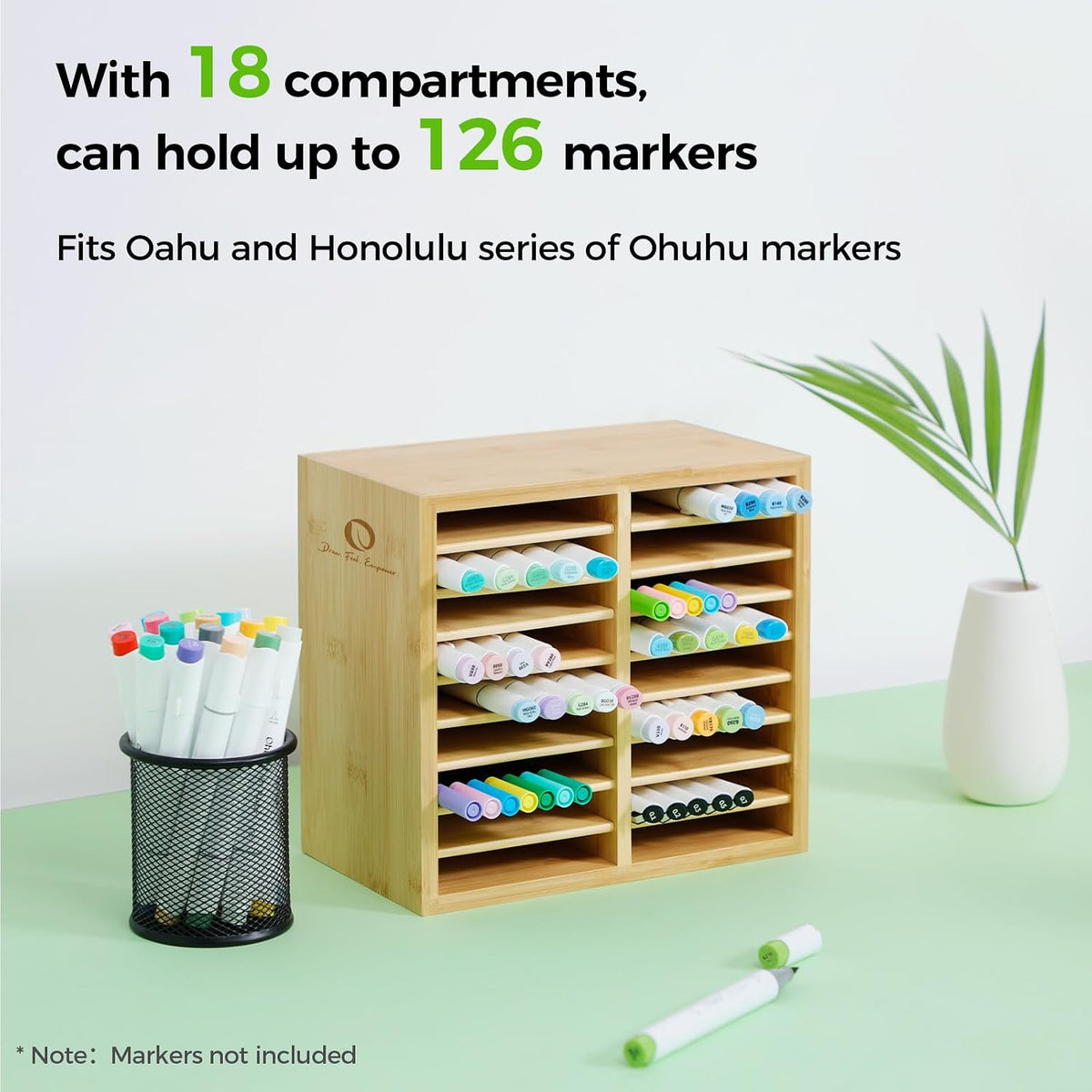 ohuhu bamboo marker organizer, wooden desktop storage holds, close-up detail