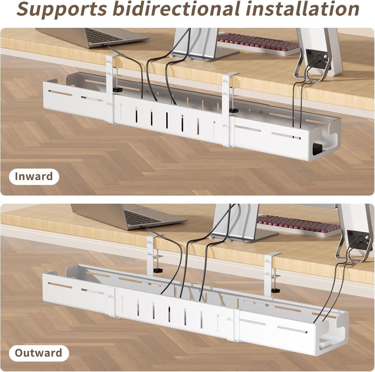 Under Desk Cable Management Tray,Expandable 25.2" – 38.6",White
