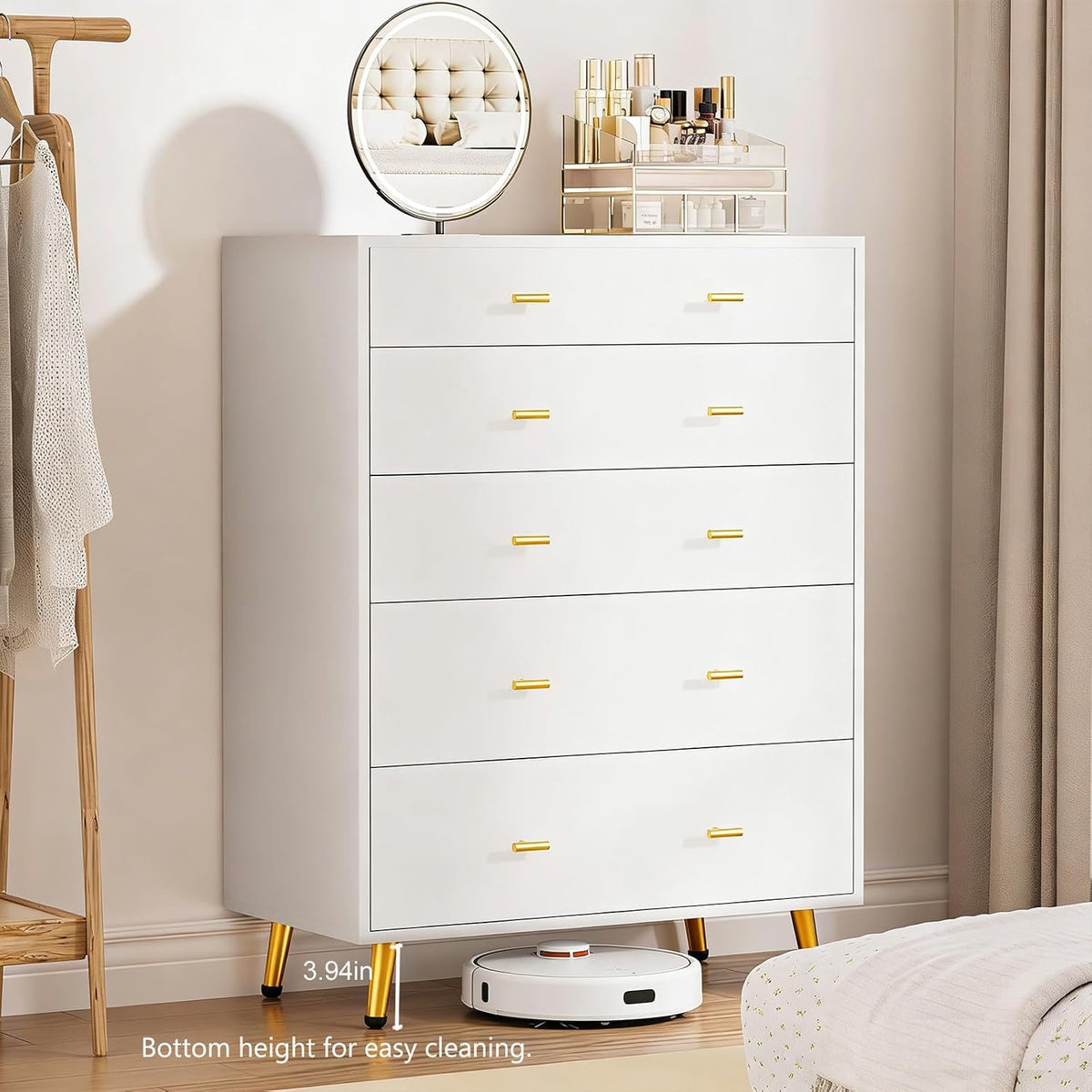 Drawer Dresser with Glass Top and LED Lights, White