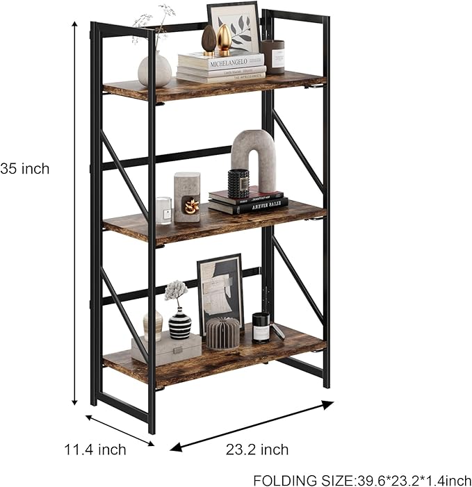 JSB No Assembly Folding Bookshelf, 3 Tier Industrial Metal Book Shelf - Image 3