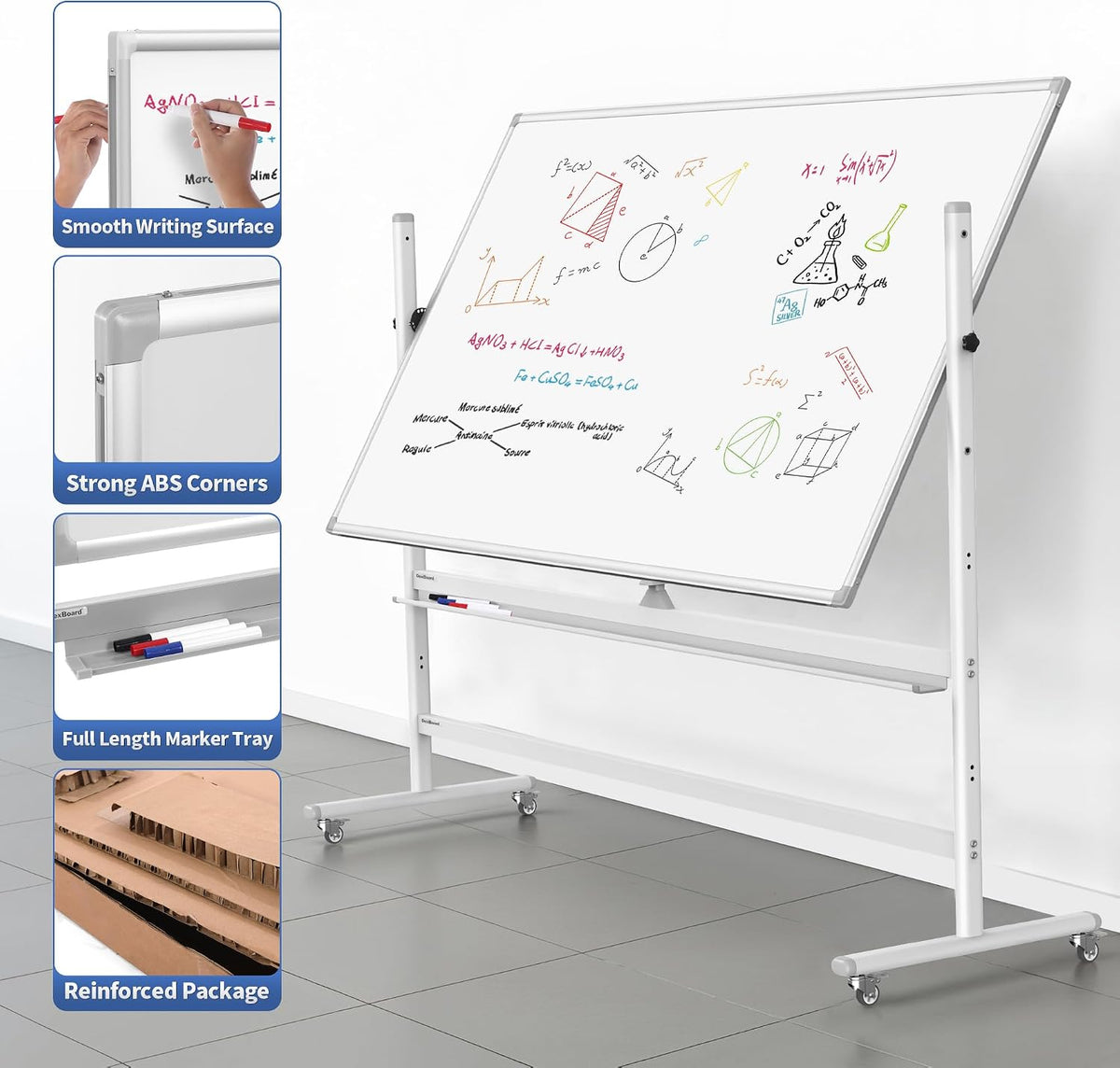 Double-Sided 72" x 48" Mobile Whiteboard Large Rolling Whiteboard D...