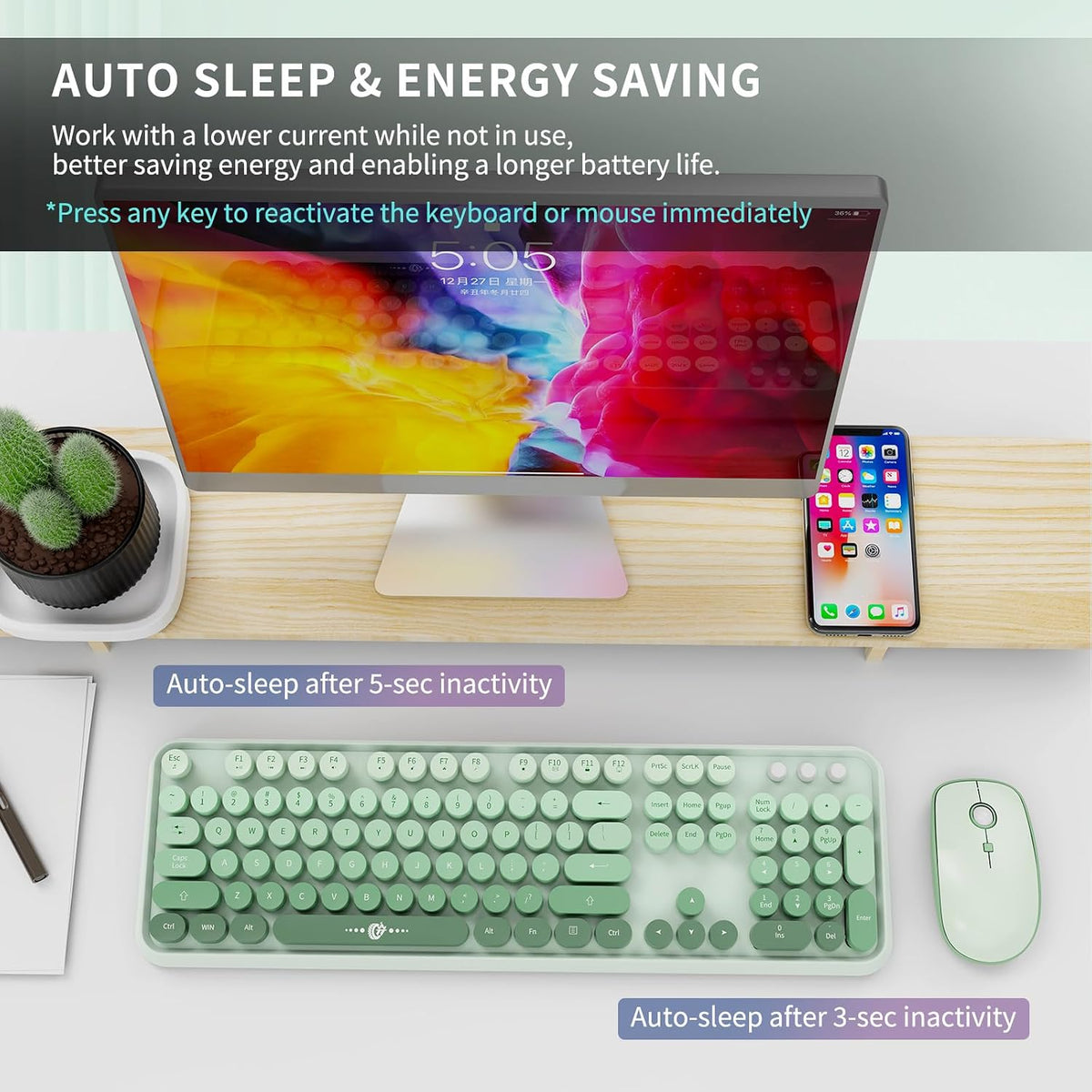 FOPETT Wireless Keyboard and Mouse Combo - 2.4G Full-Sized Cute Colorful Mous...