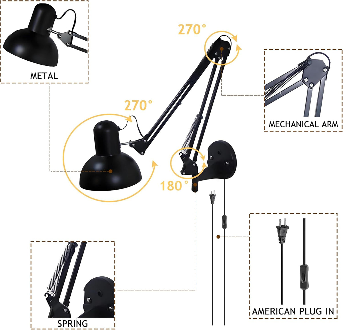 Black Industrial Swing Arm Wall Light Nordic Adjustable Long Arm Wall Sconces...