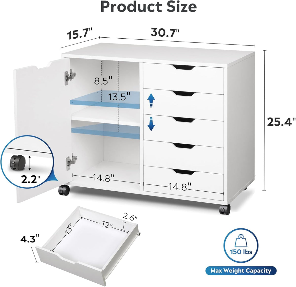 devaise 5-drawer wood drawer cabinet, office storage cabinet, close-up detail