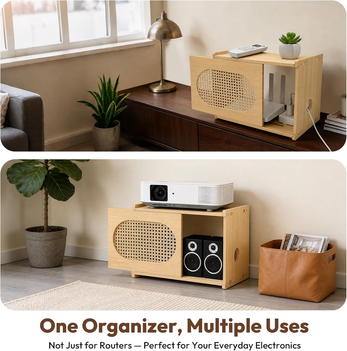 Natural Wood Router Box Hider with Rattan Doors, Tabletop Cable Management Ca...