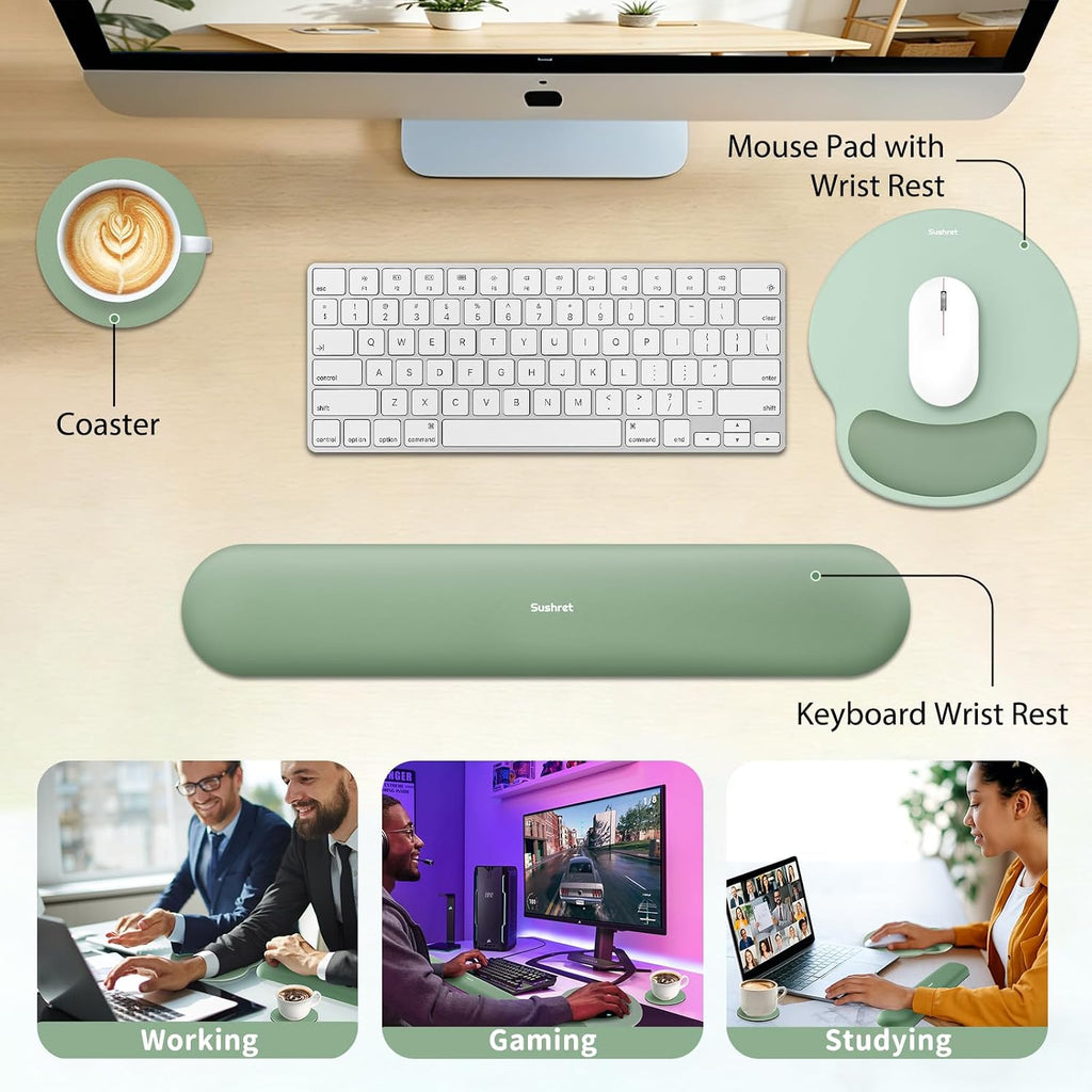 Mouse Pad and Keyboard Wrist Rest, 3-in-1 Gel Memory Foam Ergonomic Mouse Pad with Wrist Rest Set,Gaming Mousepad Arm Cushion Support for Computer Office Desk Accessories Cute Setup,Sage Green