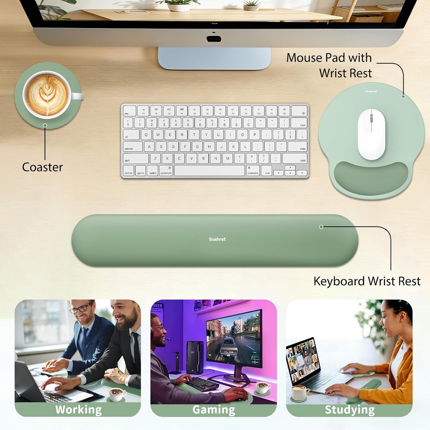 Mouse Pad and Keyboard Wrist Rest, 3-in-1 Gel Memory Foam Ergonomic Mouse Pad with Wrist Rest Set,Gaming Mousepad Arm Cushion Support for Computer Office Desk Accessories Cute Setup,Sage Green