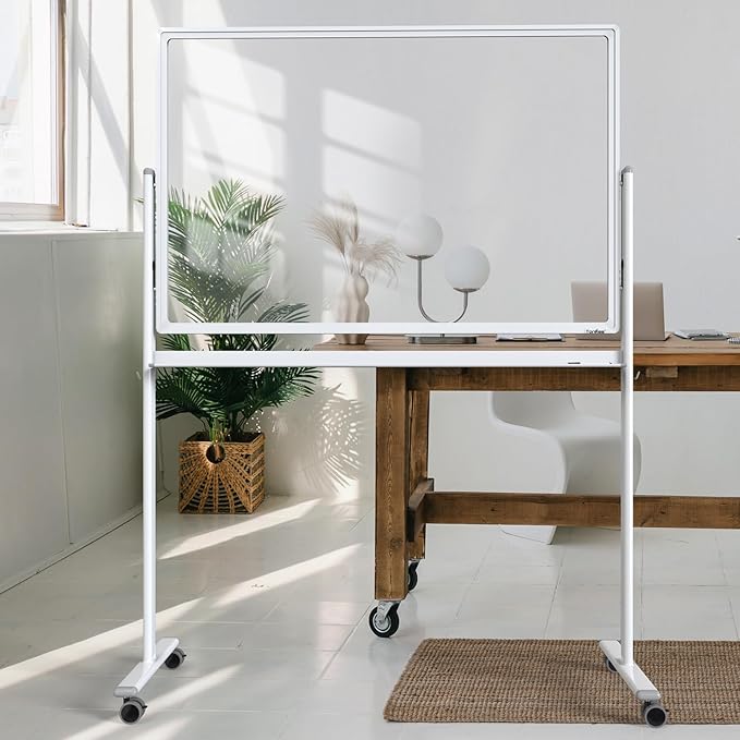 Mobile Clear Glass Whiteboard, 48 x 32 Inches Standing White Board on Wheels by Tankee
