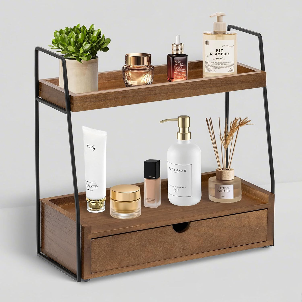 2-Tier Bathroom Countertop Organizer with Drawer, Wood Vanity Shelf Brown
