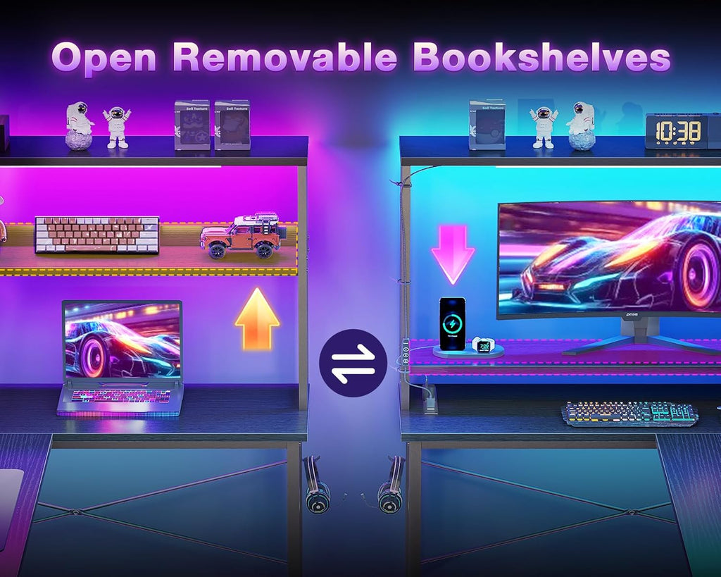ODK 61" L Shaped Gaming Computer Desk with Shelves, LED & Outlets, Black | Headset hook. Storage bag. Shelves for books & supplies. LED for gaming nights. Reversible. Room for multiple monitors.