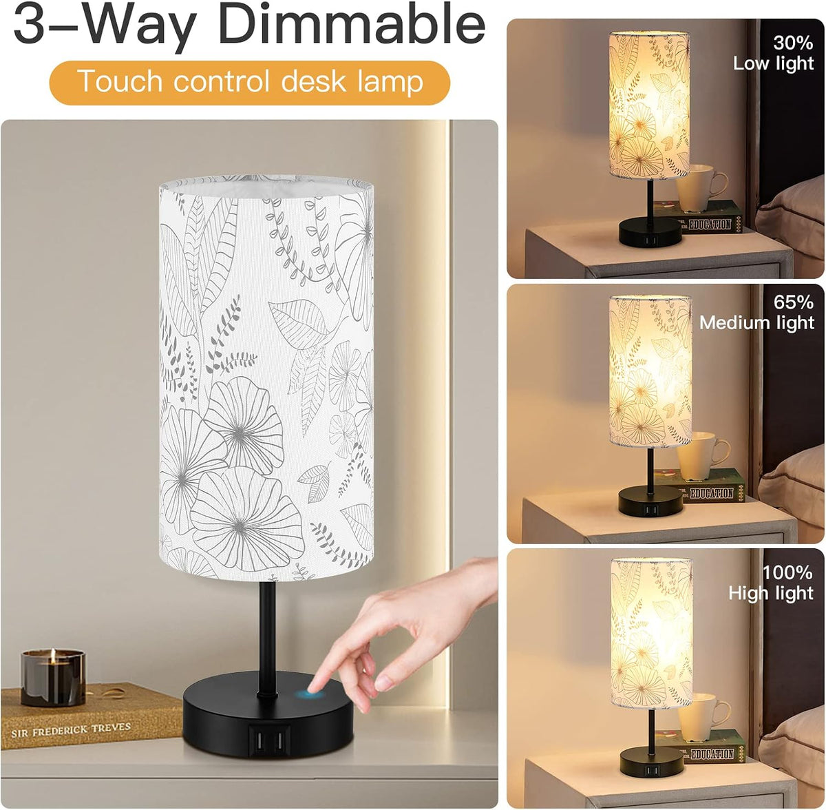 CINSARY Touch Control Bedside Lamp with 2 USB Ports, 3-Way Dimmable Table lam...