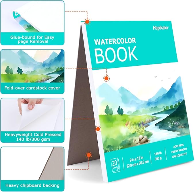 Watercolor Paper Pad, 140lb/300gsm Artist Painting Drawing Paper Book, Art - Image 2