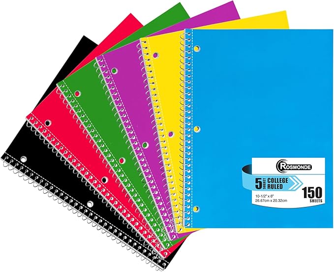 Rosmonde 5 Subject Notebook College Ruled, 6 Value Pack, 300 Pages, 8 x 10-1/2" by Rosmonde