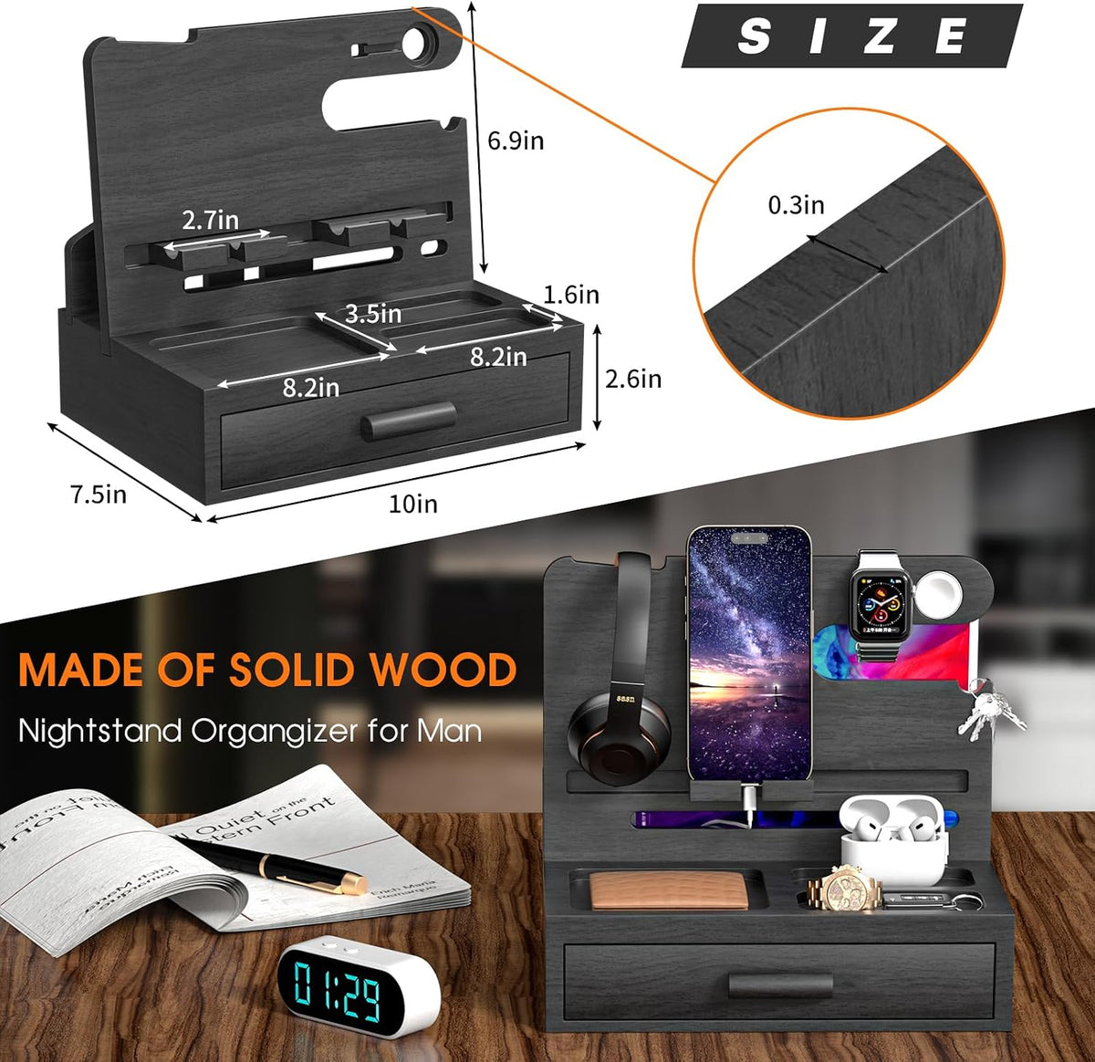 melafa365 Nightstand Organizer for Men,Phone Docking Station with Cable Manag...