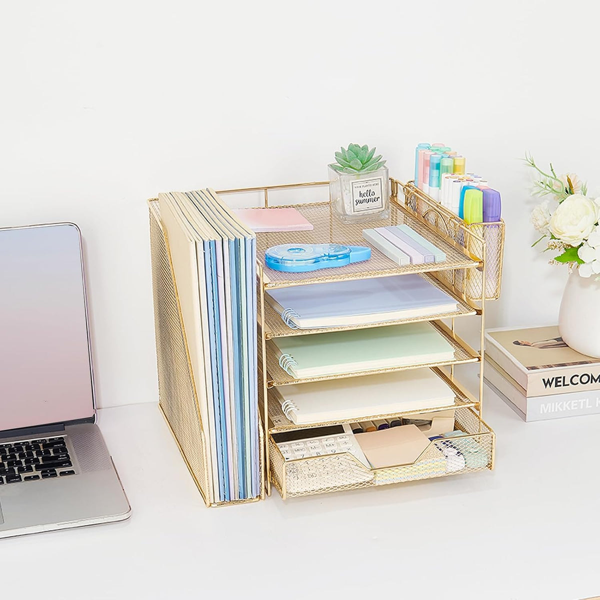 5-Tier Desk File Organizer with Drawer & Pen Holder (Gold)