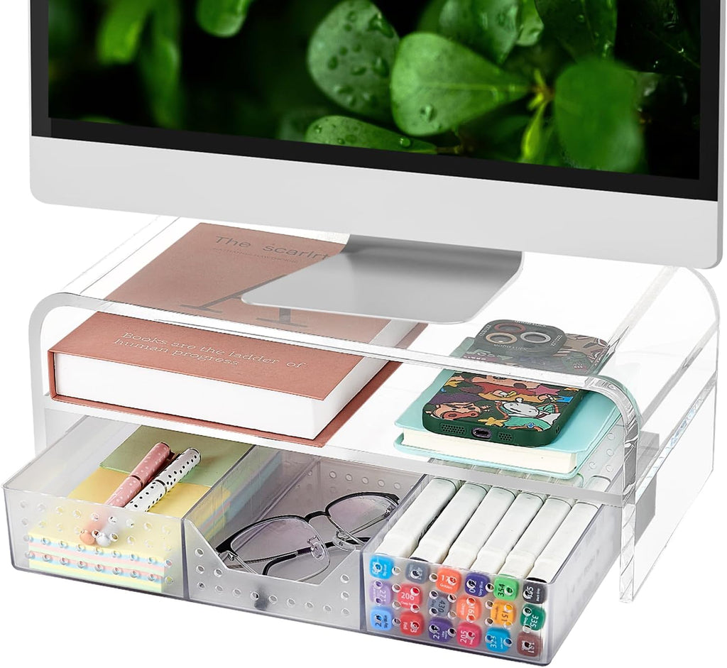 OPNICE Acrylic Clear Desk Organizers and Accessories, 2-Tier Computer Monitor