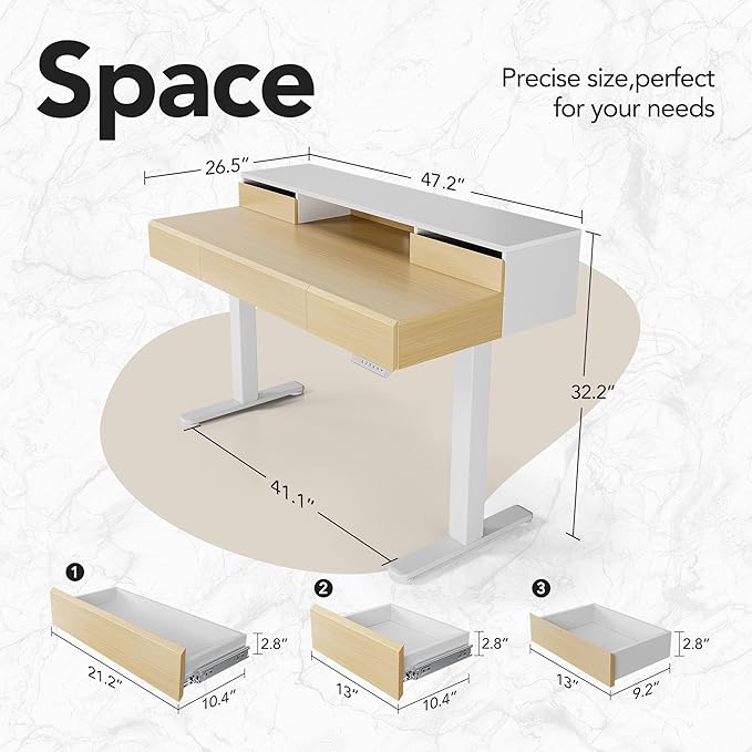 HUANUO Standing Desk with Drawers, 48 Inches Electric Height Adjustable Desk - Image 3