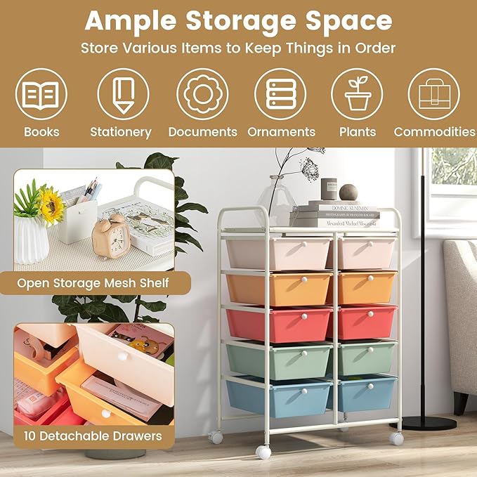 HAPPYGRILL 10-Drawer Rolling Storage Cart, Storage Organizer Cart - Image 3