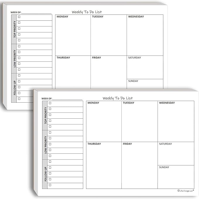 Weekly TO DO List Notepads Task Pad Planner w/Daily Checklist, Priority ToDo & by LifeCharge