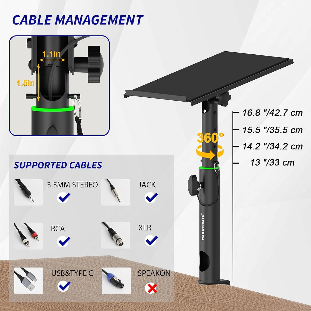 Vondynote Pair of Desktop Clamp Speaker Stands 12°Tilt, Cable Management