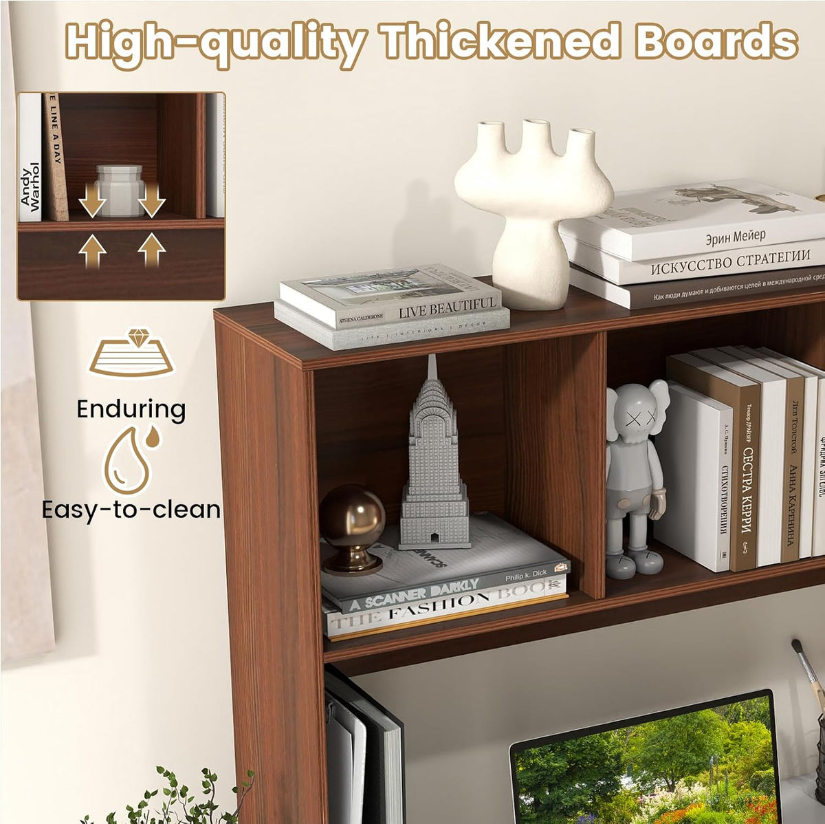 Desktop Bookshelf, 3-Tier Wood Countertop Bookcase w/ 5 Cubbies