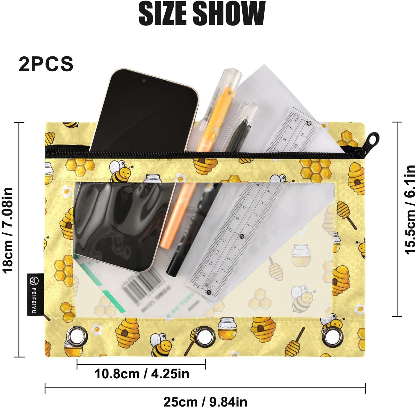 Bee Pencil Pouches for 3 Ring Binder 2 Pack 9.84 x 6.1 Inch | 3 Ring Binder Pencil Case With Zipper Reinforced GrommetsPencil Bags for Office Organizers
