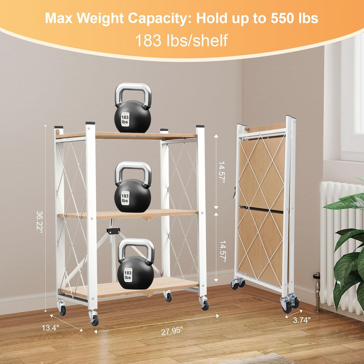 3 Tier Folding Shelf with Wheels, Metal Steel Collapsible Shelves