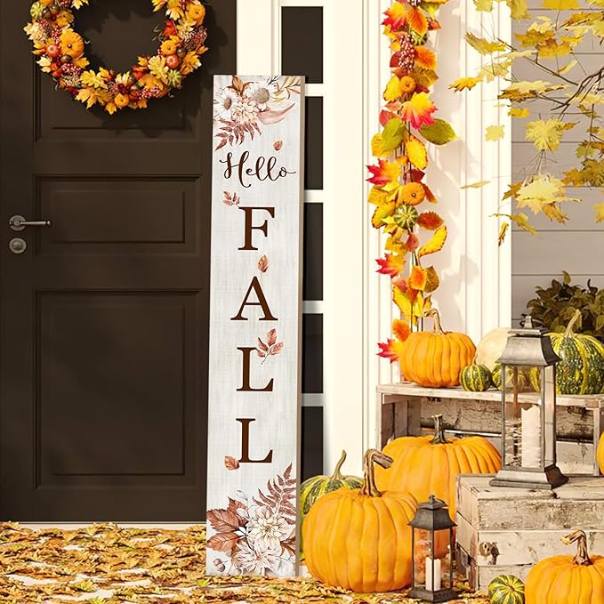 Hello Fall Porch Sign 47" Thanksgiving Day Wooden Door Sign Large Autumn by ARTUFAN
