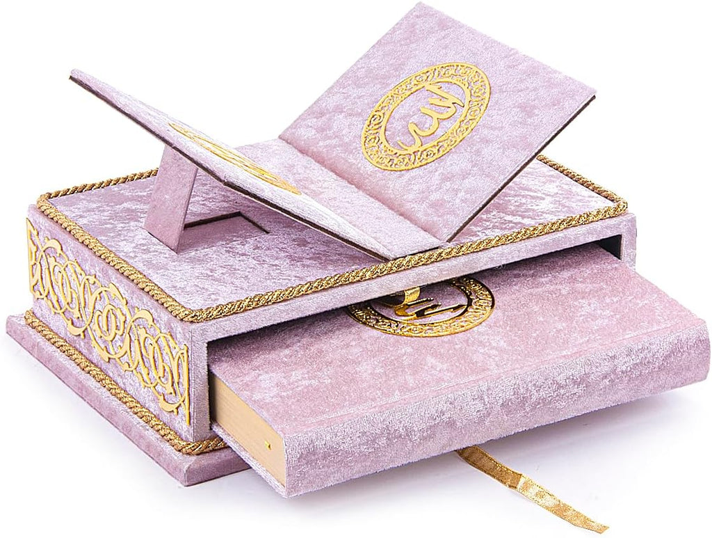 ihvan online, The Holy Arabic Quran Gift Set, Book Stand Holder, Desktop Quran Holder, Rehal, Velvet Covered Chest Rihal, Decorative Islamic Gifts for Muslims, Pink