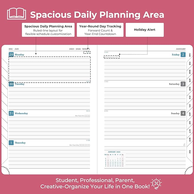 IN-LUXPRO Planner 2026 Daily Weekly and Monthly, 12 Months Spiral Bound - Image 3