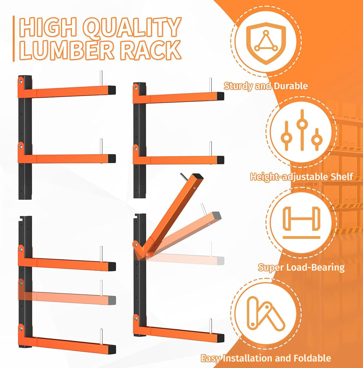 lumber storage rack, wall mount foldable & adjustable showing dimensions