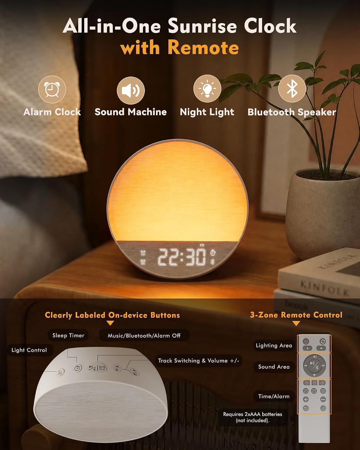 sunrise alarm clock with sound machine, bluetooth speaker shown in use