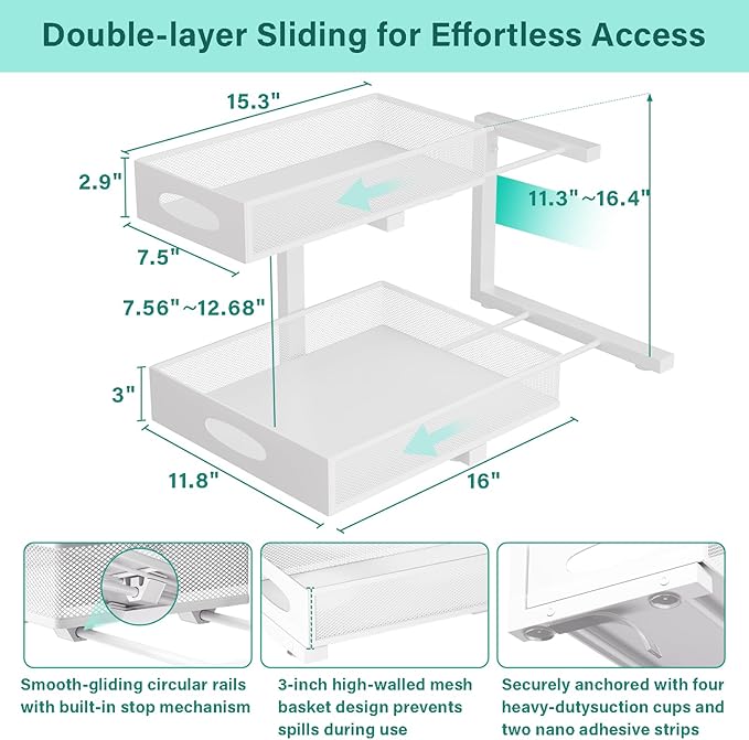 Beleeb Under Sink Organizer, Extra-Wide Upgrade, 1 Pack 2 Tier Metal Slide Out - Image 2