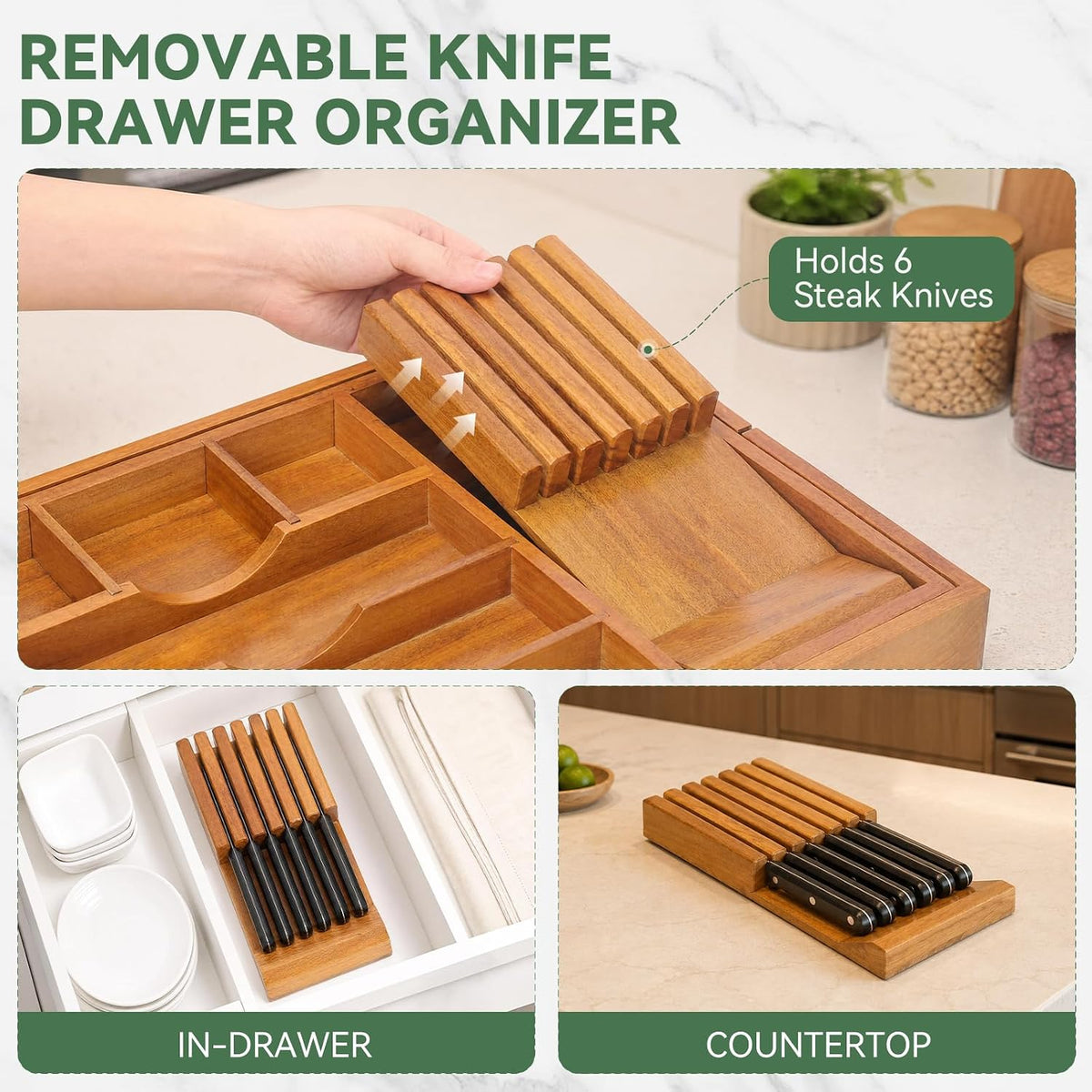 Luxury Teak Expandable Kitchen Drawer Organizer - Cutlery & Utensil Tray