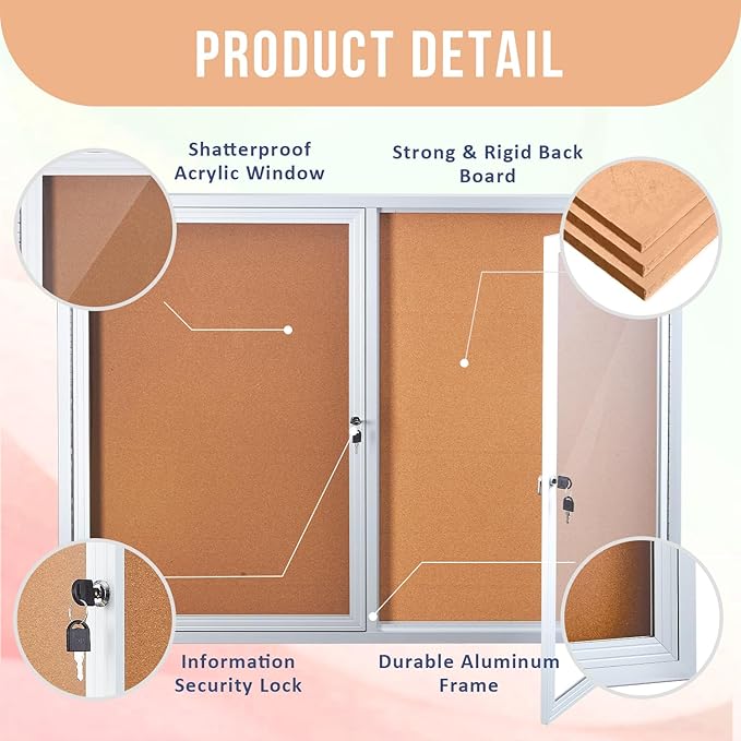 Homezelle Enclosed Cork Bulletin Board 48"x36" Outdoor Weatherproof Cork - Image 3