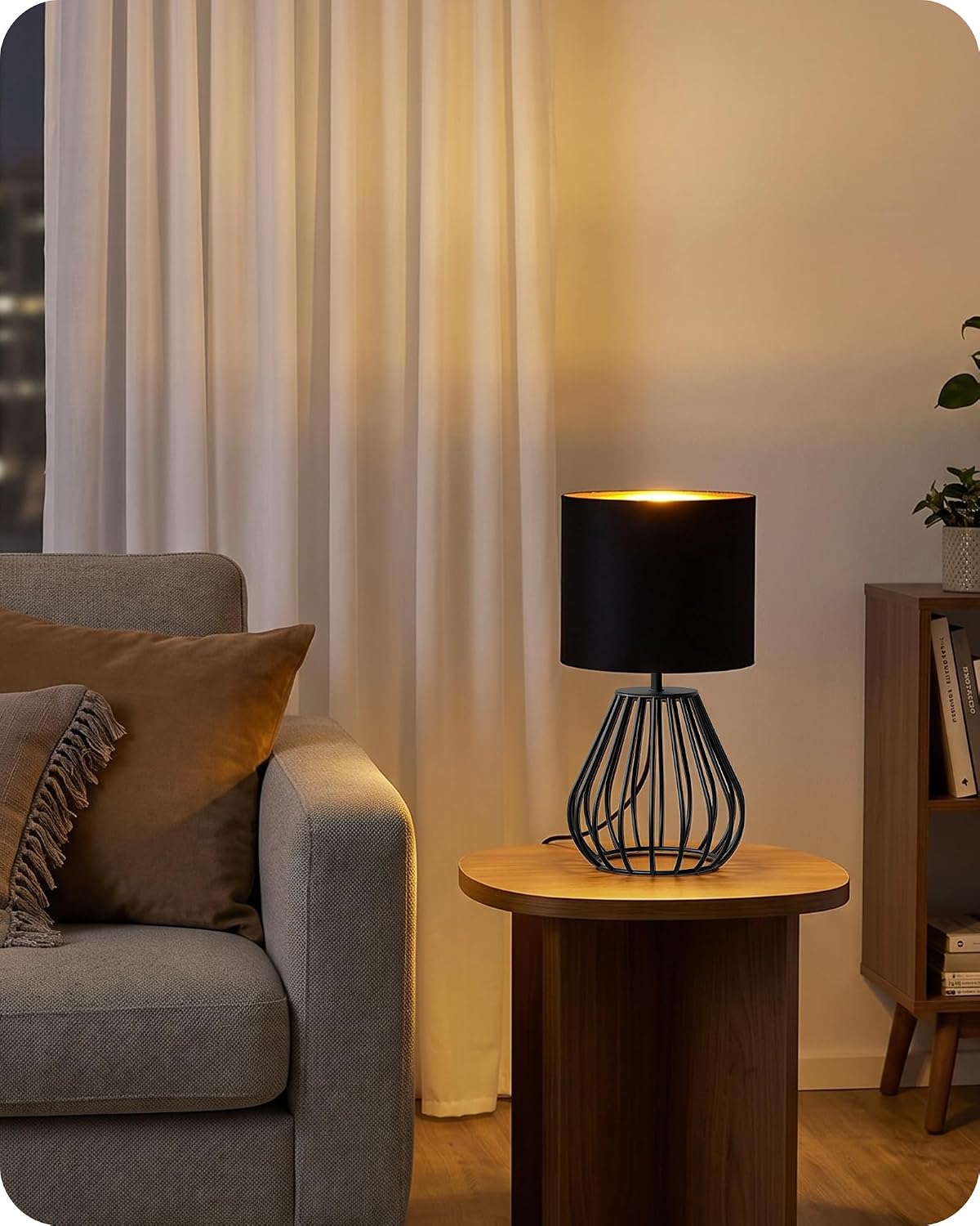 Black Table Lamp,12.6" Small Bedside Lamp, Velvet Lampshade