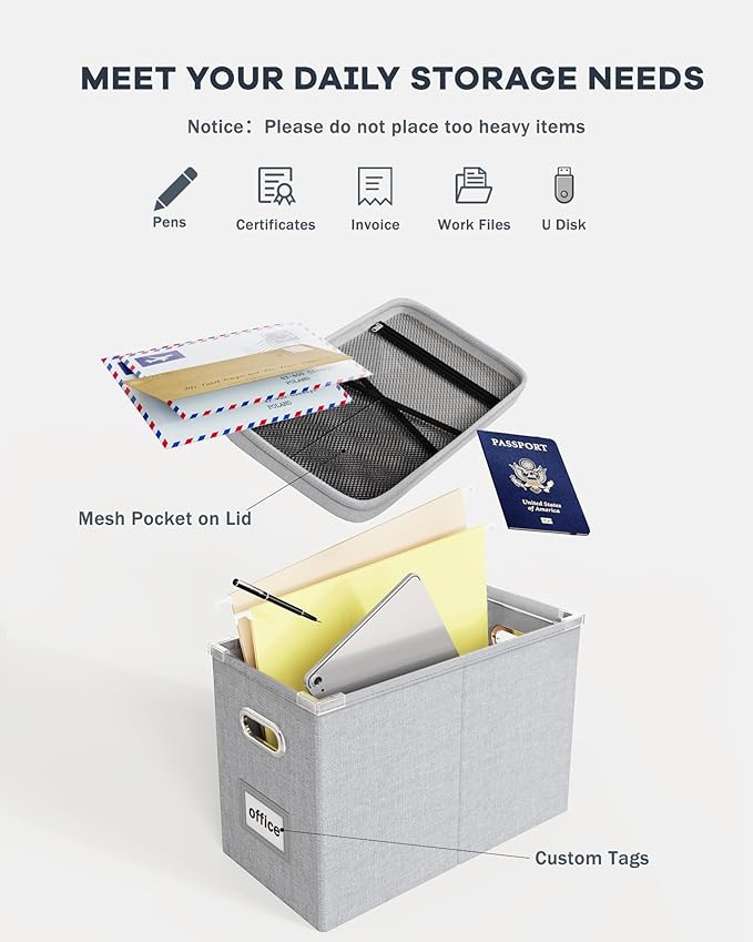 Oterri File Organizer Box with Lid, Hanging Filing File Box with Mesh Pocket - Image 4