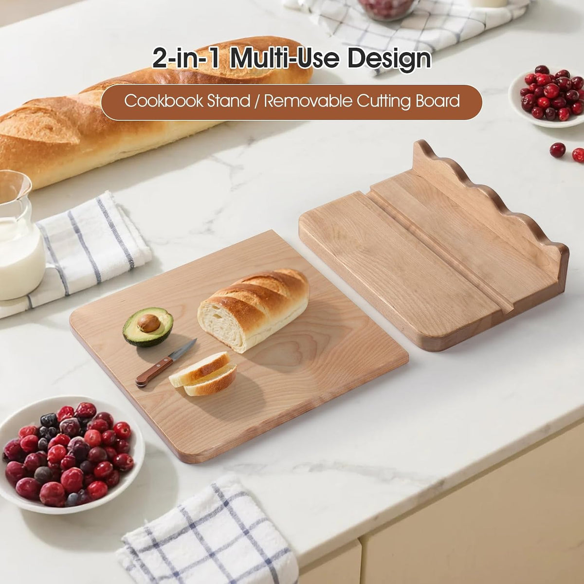 Scalloped Wooden Cookbook Stand with Removable Cutting Board for Kitchen