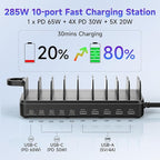 285W Charging Station for Multiple Devices, 10 Ports Fast Multi-Device Charger - Image 3