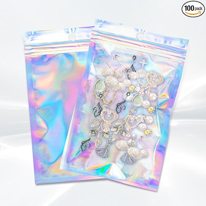 100Pcs Holographic Resealable Bags, 4x6 inch Packaging Foil Pouch ，Motomy Mylar by Motomy