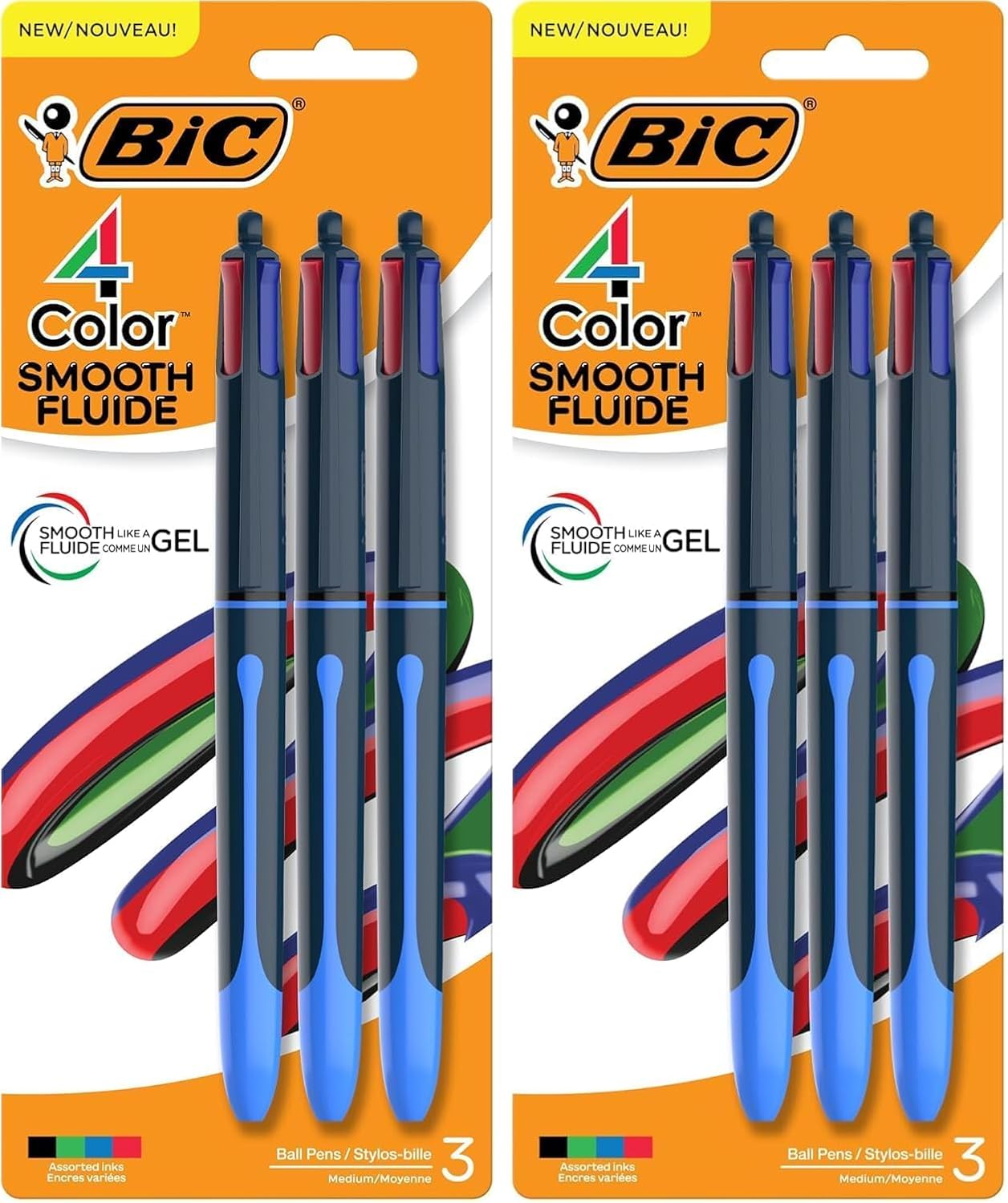 BIC 4 Color Smooth Retractable Ballpoint Pen, 1.0 mm Point for Smooth Ink Flow, in Assorted Ink Colors,3 Count (Pack of 2)