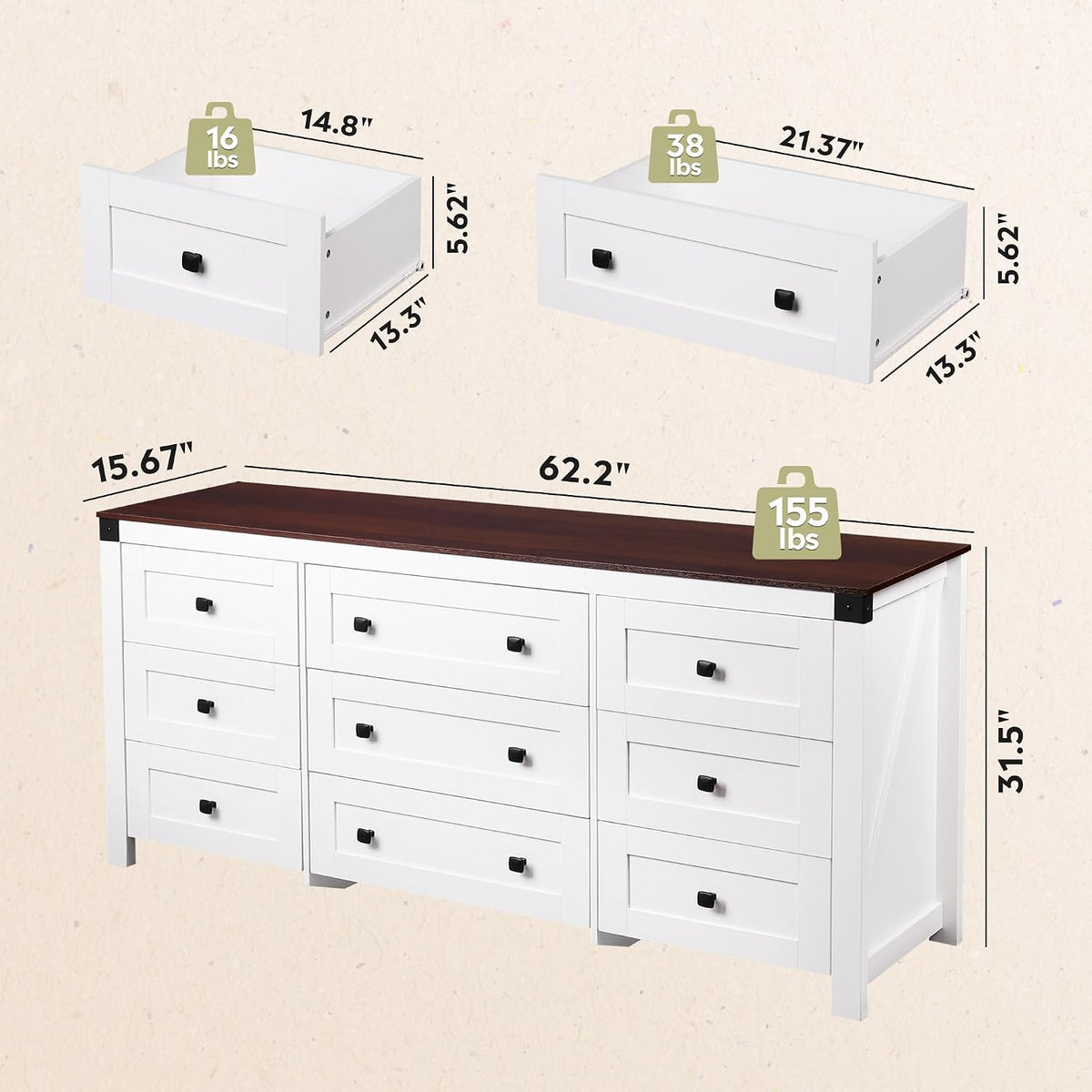 9-Drawer 62.2"W Farmhouse TV Stand for TVs up to 70 Inches, White