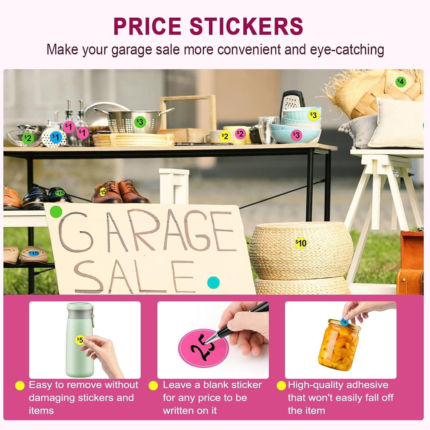 Dreecy Yard Sale Price Stickers Garage Sale Pre-Priced Price Tag Labels, 1920 PCS 3/4" Diameter Flea Market Pre-Printed Pricing Stickers for Retail,Bright Neon Colors (Pink Green Blue Yellow)
