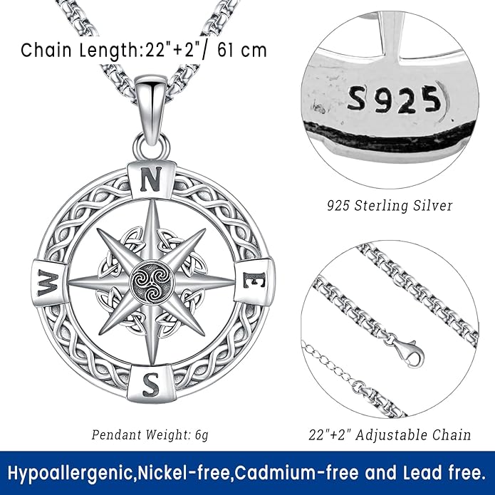 Compass Necklace for Women Men 925 Sterling Silver Pendant Urn Necklaces for - Image 2